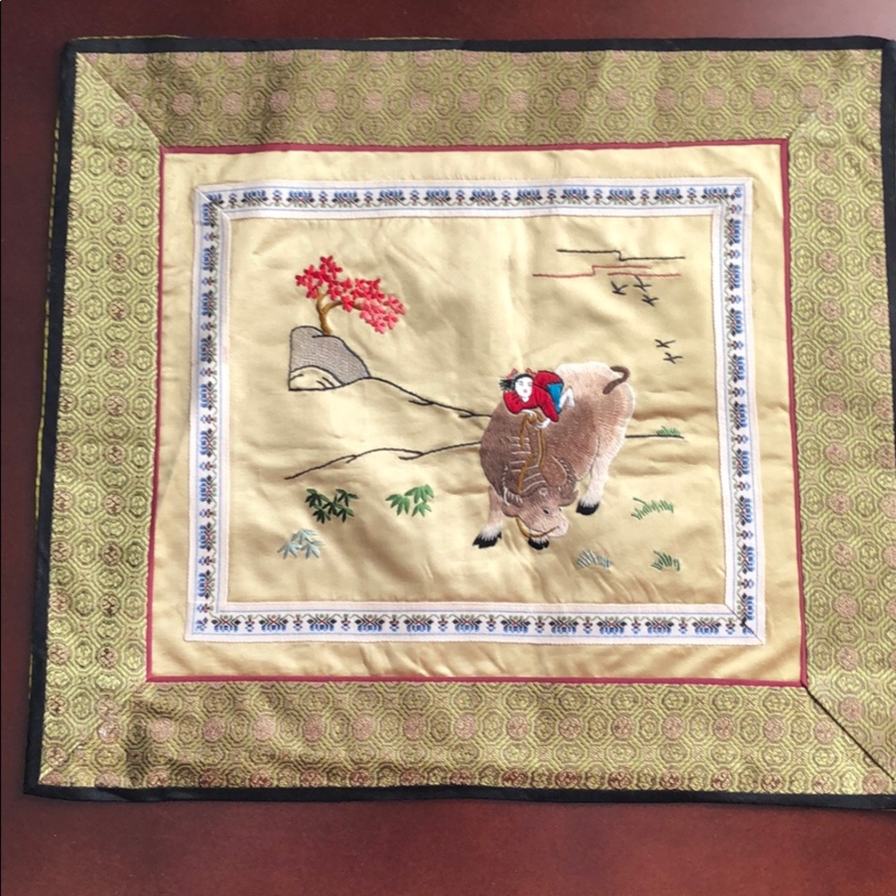 Asian Silk Tapestry with Bull Rider Embroidery